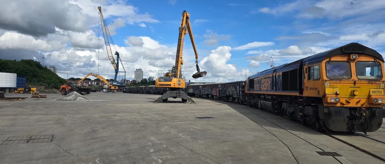 Freight train and unloading equipment at the Port of Sunderland